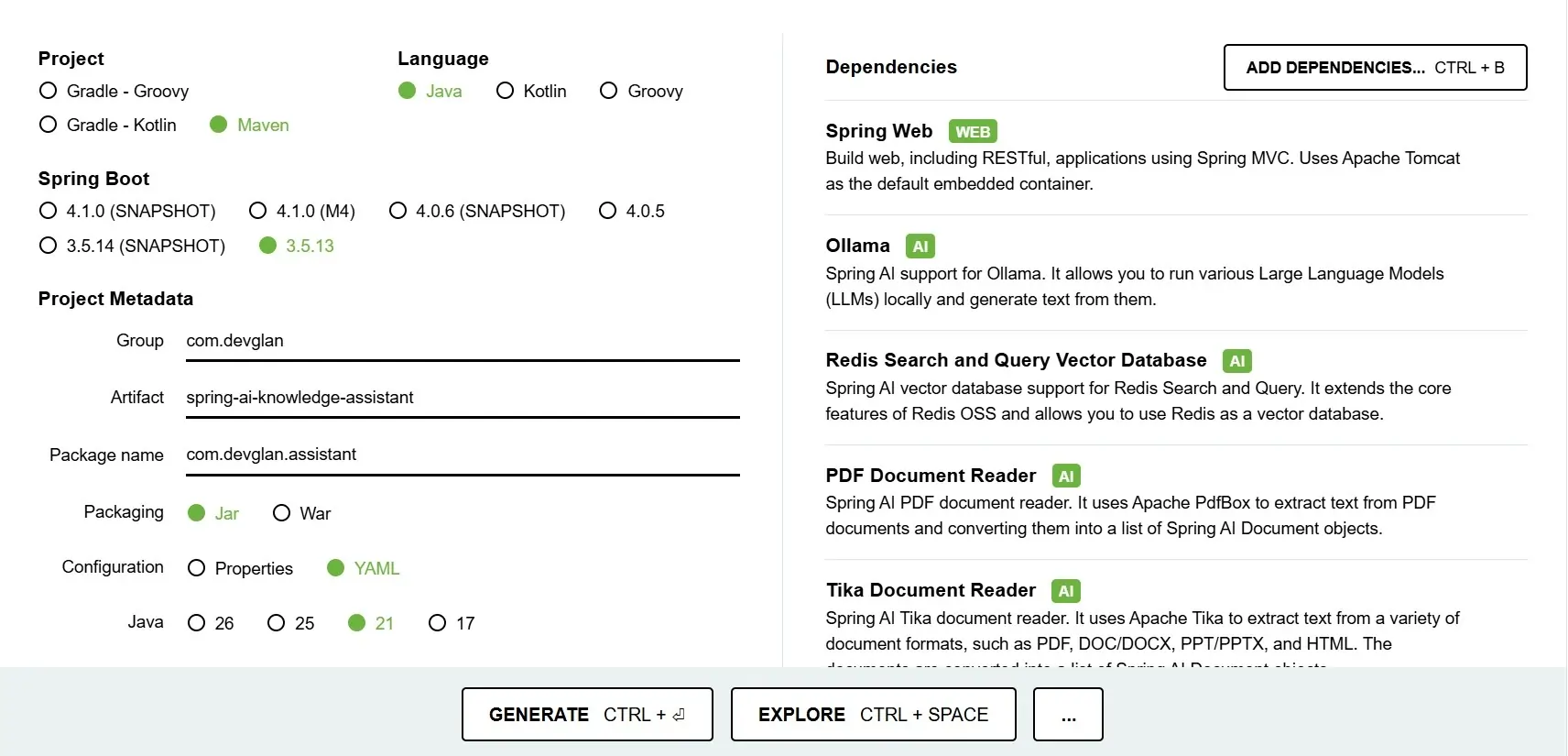 Spring AI project generation